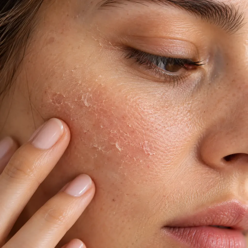 Gros plan sur une peau du visage déshydratée et marquée après l’été