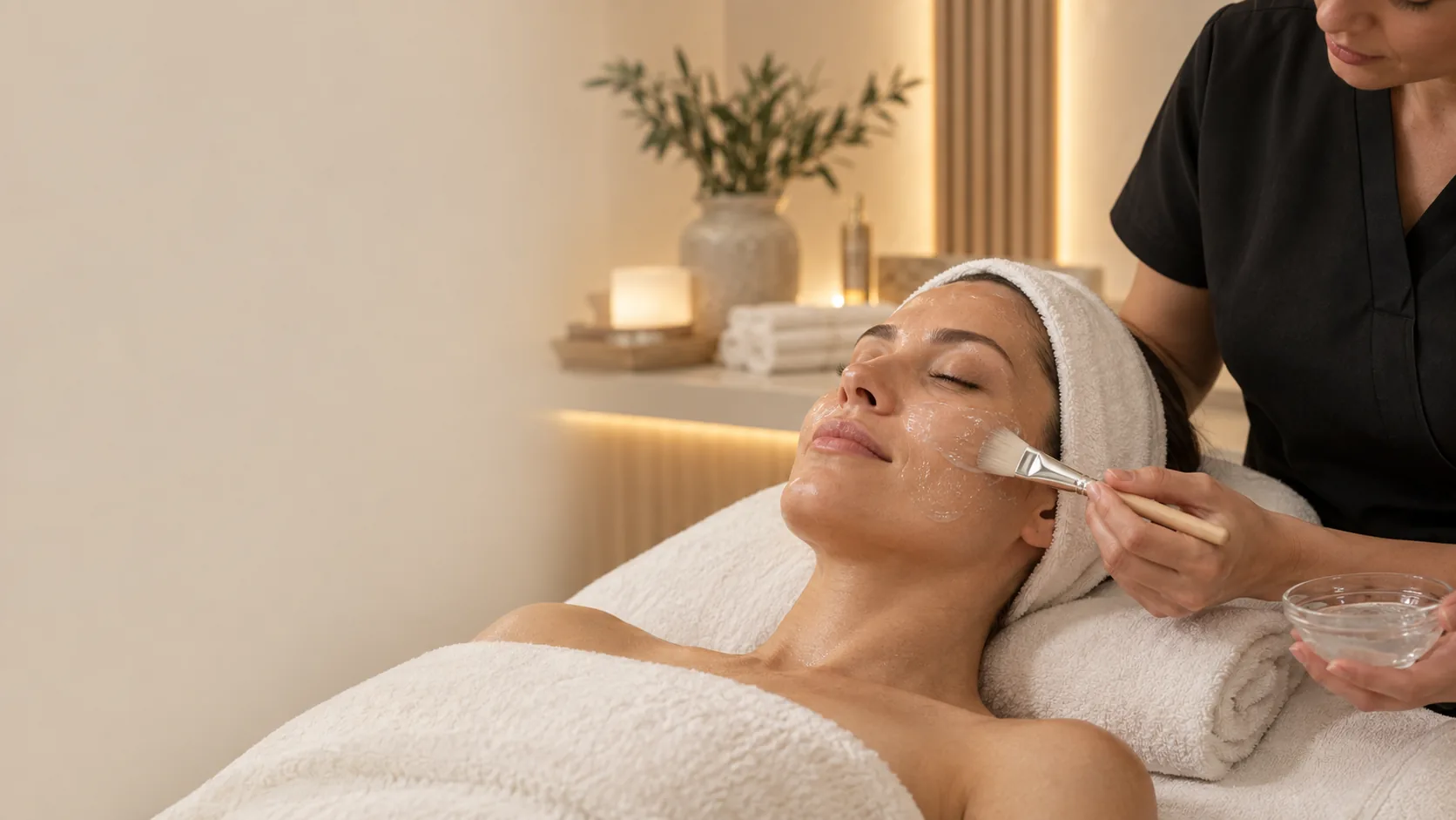Esth&eacute;ticienne appliquant un masque au pinceau sur le visage d&rsquo;une cliente allong&eacute;e en cabine