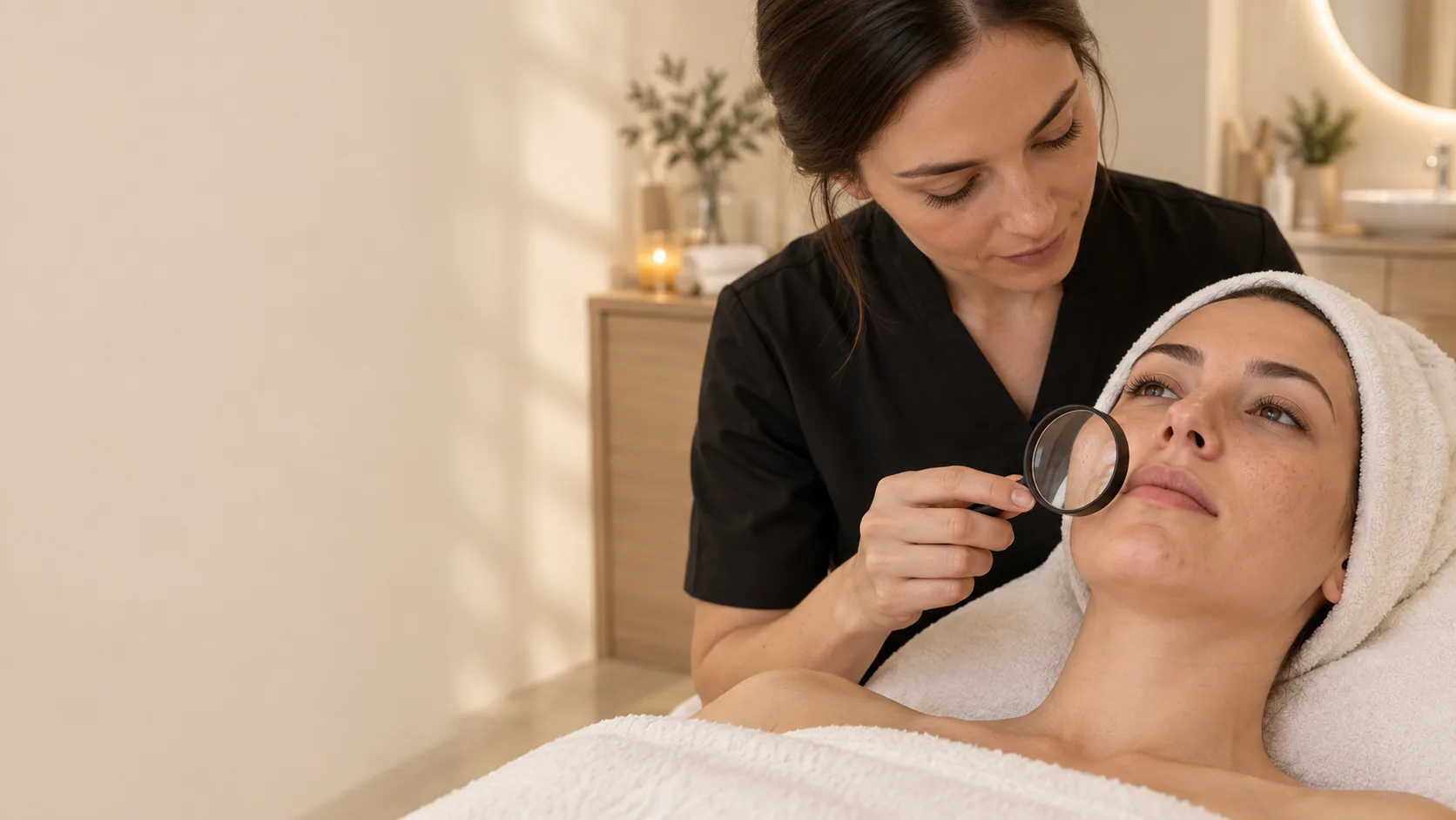 Esth&eacute;ticienne examinant &agrave; la loupe la peau du visage d&rsquo;une cliente allong&eacute;e en cabine