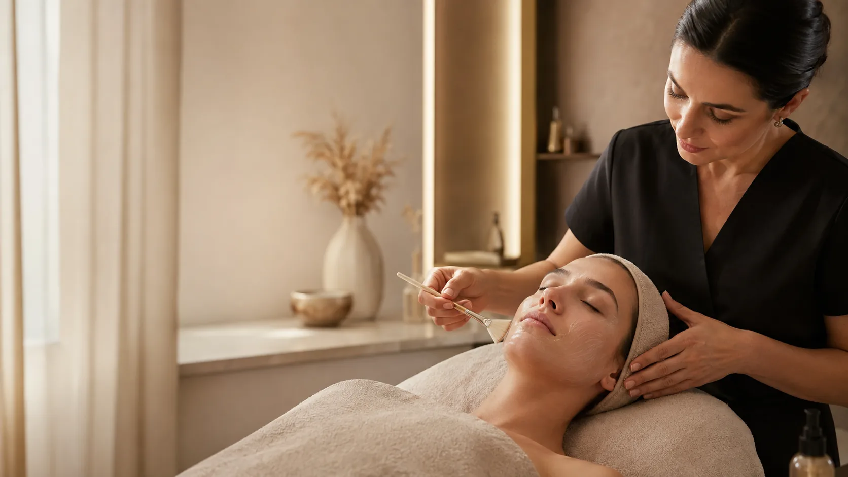 Esth&eacute;ticienne appliquant une solution sur le visage d&rsquo;une cliente allong&eacute;e en cabine