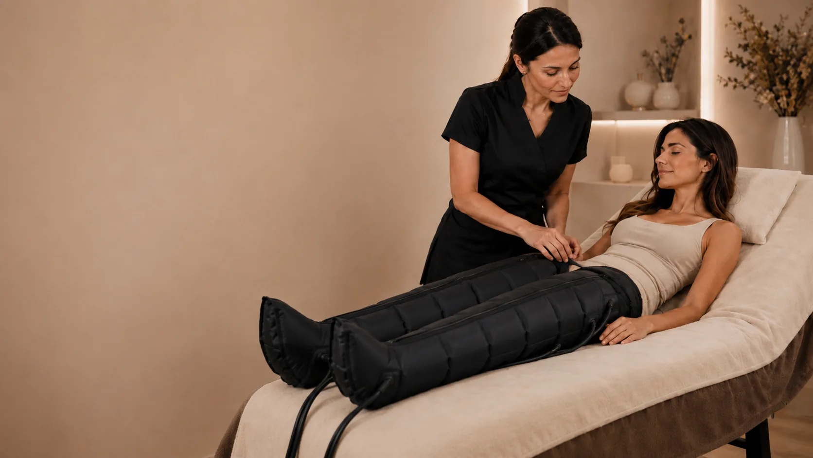 Esth&eacute;ticienne r&eacute;glant des bottes de pressoth&eacute;rapie pos&eacute;es sur les jambes d&rsquo;une cliente allong&eacute;e en cabine