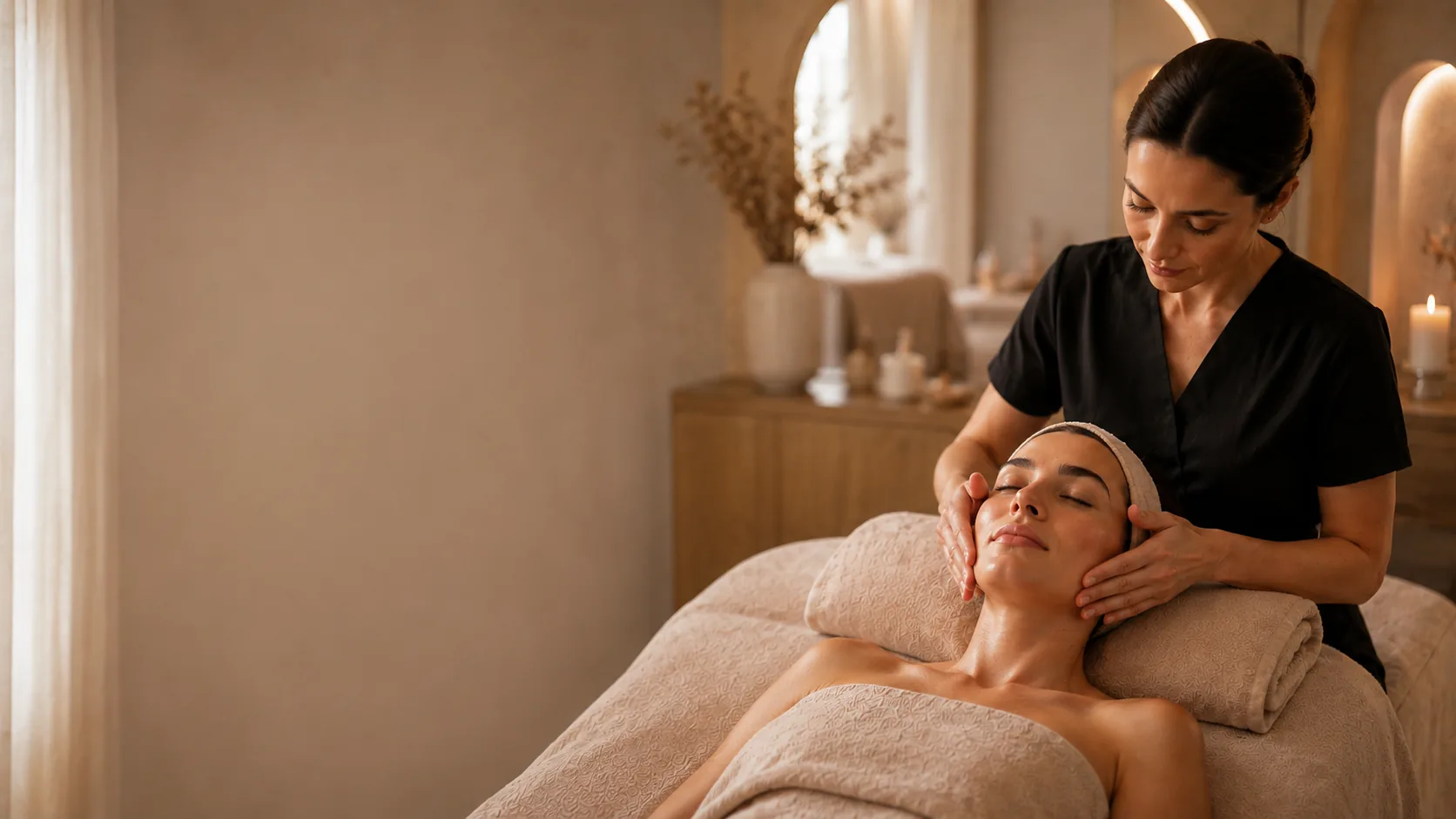 Esthéticienne réalisant un soin du visage sur une cliente allongée en cabine