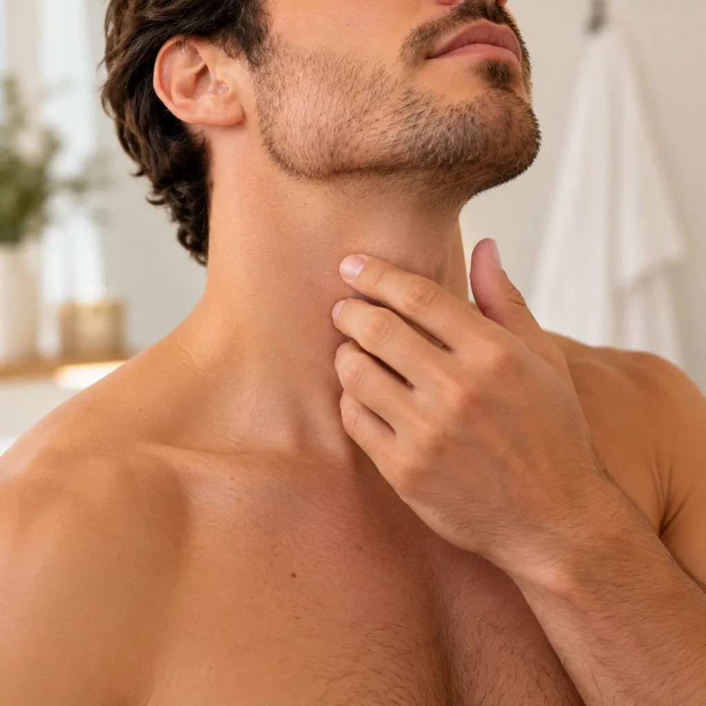 Homme touchant son cou après une épilation laser, zone du contour de barbe