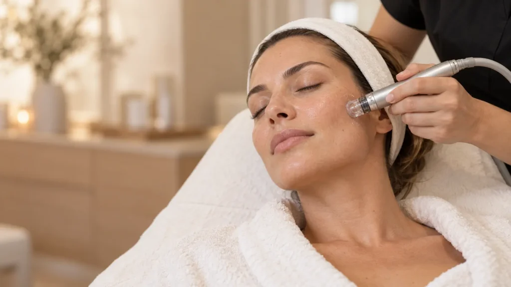 Soin HydraFacial en institut : embout d’aspiration passé sur la joue d’une cliente allongée